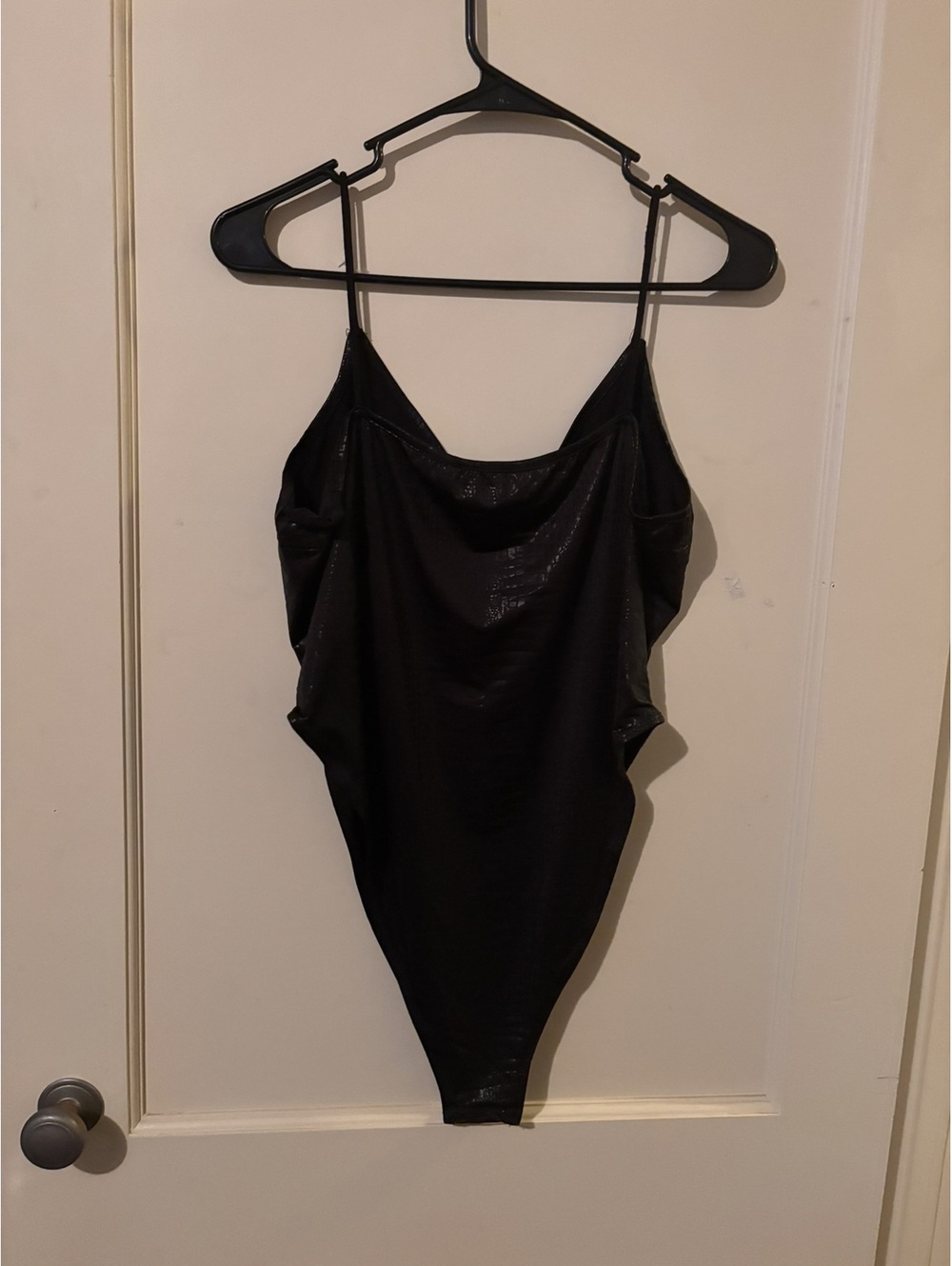 SHEIN Black Faux Leather Bodysuit with Spaghetti Straps, Size 1XL